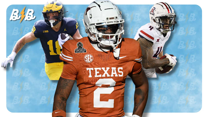 Texas WR Matthew Golden (center), Michigan tight end Colston Loveland (left), Arizona WR Tetairoa McMillan (right)