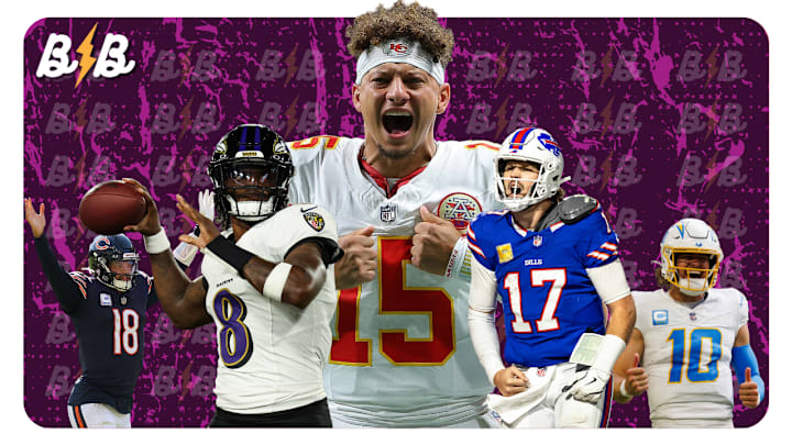 Bears' Caleb Williams (left), Ravens' Lamar Jackson (left-center), Chiefs' Patrick Mahomes (center), Bills' Josh Allen (right-center), Chargers' Justin Herbert (right)