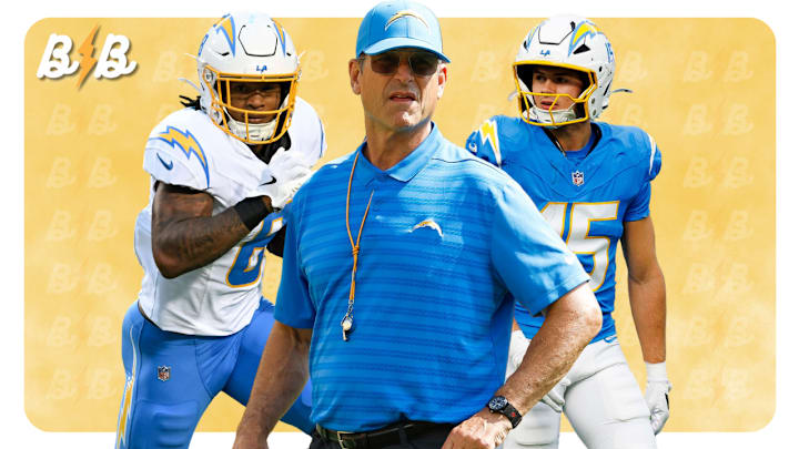 Chargers RB Omarion Hampton (left), Chargers head coach Jim Harbaugh (center), and Chargers WR Ladd McConkey (right).