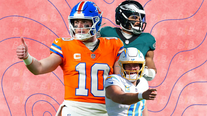 Denver Broncos QB Bo Nix, Philadelphia Eagles QB Jalen Hurts, and LA Chargers QB Justin Herbert Denver Broncos QB Bo Nix, Philadelphia Eagles QB Jalen Hurts, and LA Chargers QB Justin Herbert