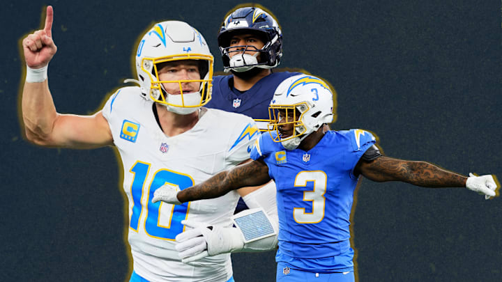 Chargers' Justin Herbert (left), Tuli Tuipulotu (center), Derwin James (right)