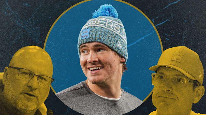 Chargers GM Joe Hortiz (left), QB Justin Herbert (center), and HC Jim Harbaugh (right)