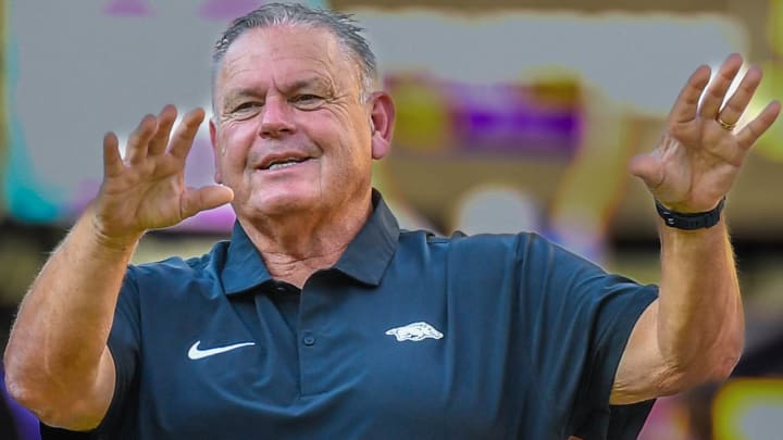 Arkansas Razorbacks coach Sam Pittman during a game with LSU on Sept. 23, 2023, in Baton Rouge, La. Arkansas Razorbacks coach Sam Pittman during a game with LSU on Sept. 23, 2023, in Baton Rouge, La.