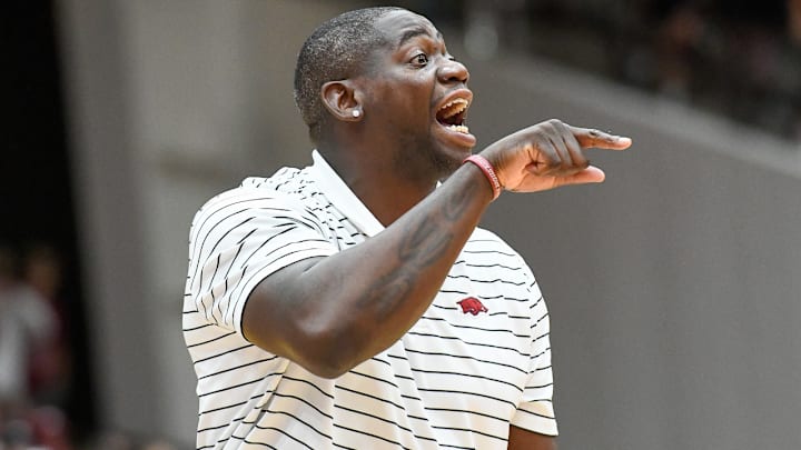 Arkansas Razorbacks assistant coach Ronnie Brewer on the sidelines coaching at the Red-White game in October 2023. Arkansas Razorbacks assistant coach Ronnie Brewer on the sidelines coaching at the Red-White game in October 2023.