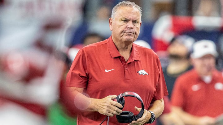 Arkansas Razorbacks coach Sam Pittman on the sidelines against the Texas A&M Aggies at AT&T Stadium in Arlington, Texas.