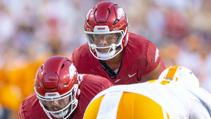 Arkansas Razorbacks quarterback Taylen Green under center against the Tennessee Volunteers at Razorback Stadium in Fayetteville, Ark.