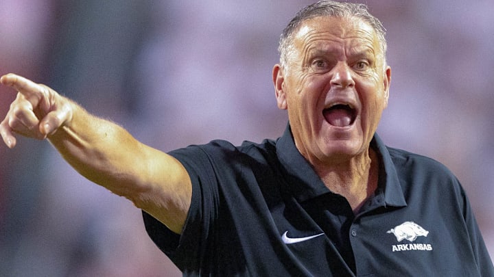 Arkansas Razorbacks coach Sam Pittman on the sidelines against the Tennessee Volunteers at Razorback Stadium in Fayetteville, Ark.