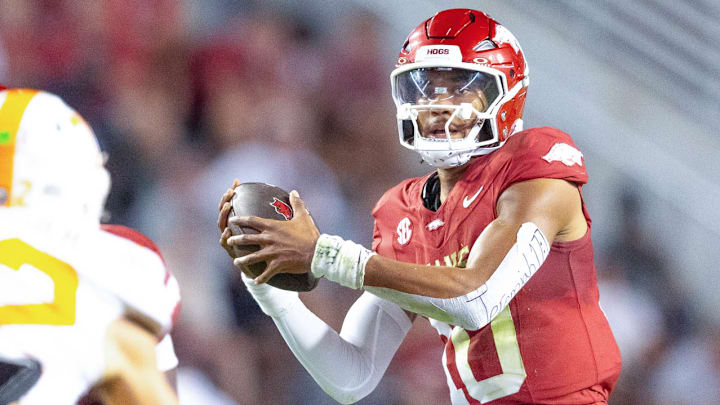 Arkansas Razorbacks quarterback Taylen Green takes a snap against the Tennessee Volunteers at Razorback Stadium in Fayetteville, Ark.
