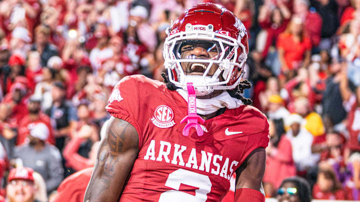 Arkansas Razorbacks wide receiver Andrew Armstrong celebrating a touchdown against the LSU Tigers on Saturday night in Fayetteville, Ark.