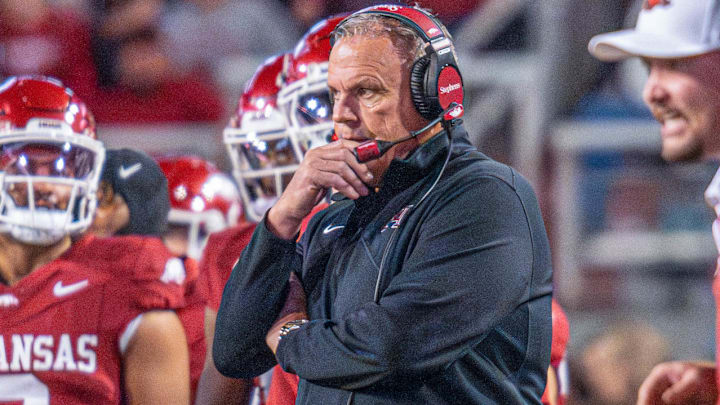 Arkansas Razorbacks coach Sam Pittman on the sidelines against LSU at Razorback Stadium in Fayeetteville, Ark.