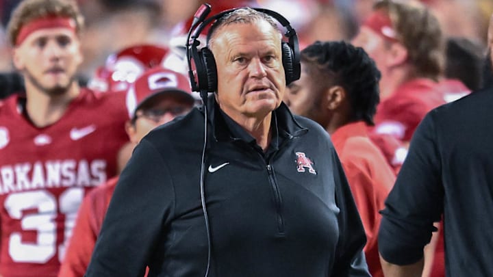 Arkansas Razorbacks coach Sam Pittman on the sidelines against the LSU Tigers at Razorback Stadium in Fayetteville, Ark.