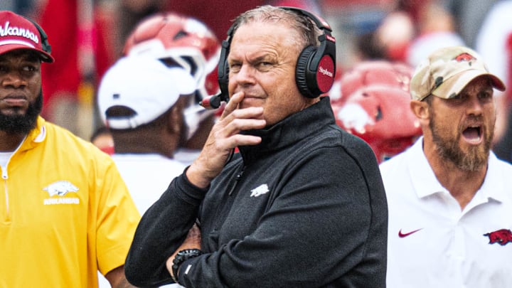 Arkansas Razorbacks coach Sam Pittman on the sidelines against the Ole Miss Rebels at Razorback Stadium in Fayetteville, Ark.
