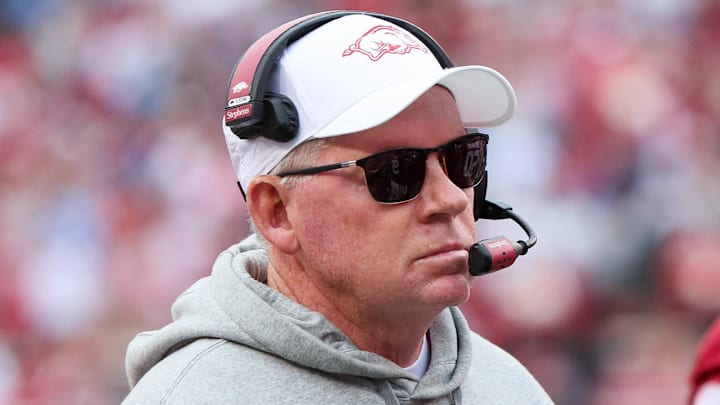 Arkansas Razorbacks offensive coordinator Bobby Petrino on the sidelines against the Ole Miss Rebels at Razorback Stadium in Fayetteville, Ark.