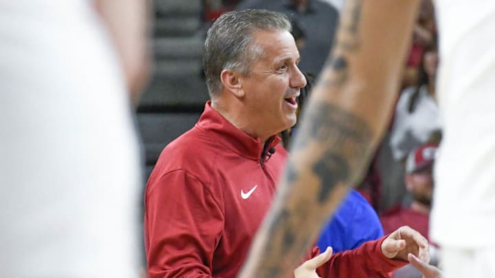 Arkansas Razorbacks coach John Calipari before exhibition game with the Kansas Jayhawks at Bud Walton Arena in Fayetteville, Ark.