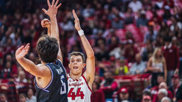Arkansas Razorbacks forward Zvonimir Ivisic puts up a show against the Lipscomb Bisons at Bud Walton Arena in Fayetteville, Ark.