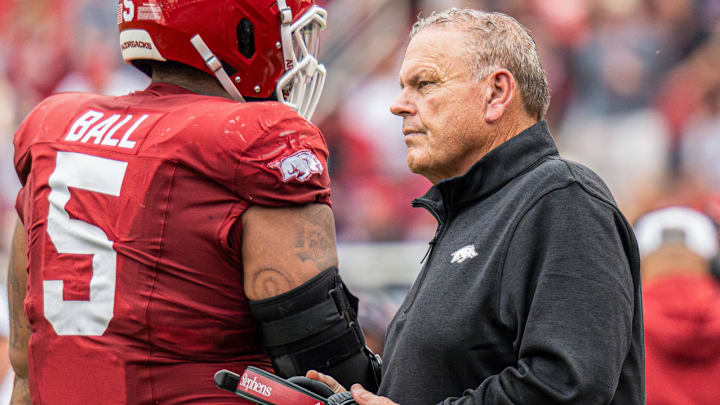 Arkansas Razorbacks coach Sam Pittman on the sidelines against the Ole Miss Rebels at Razorback Stadium in Fayetteville, Ark.