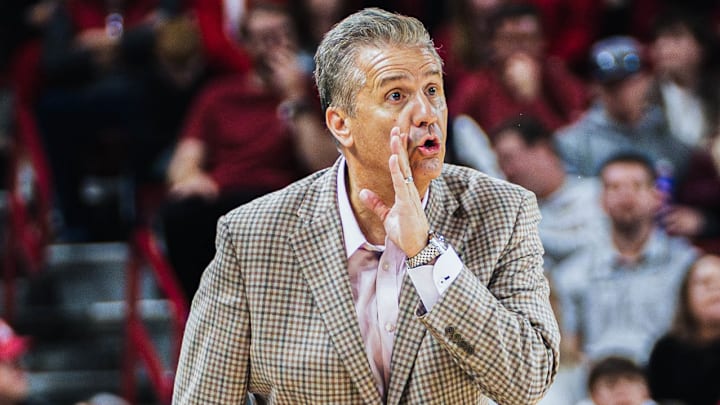 Arkansas Razorbacks coach John Calipari giving his team instructions during a game with Troy at Bud Walton Arena in Fayetteville, Ark.