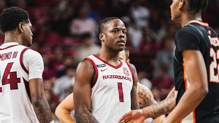 Arkansas Razorbacks guard Johnell Davis on the court against the Pacific Tigers at Bud Walton Arena in Fayetteville, Ark.