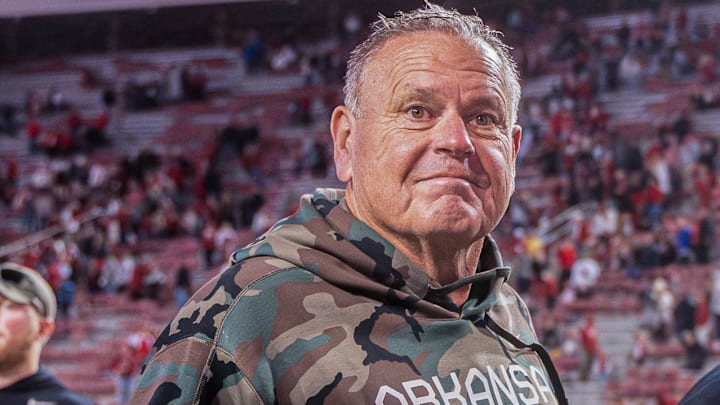 Arkansas Razorbacks coach Sam Pittman walking off the field after win over the Louisiana Tech Bulldogs at Razorback Stadium in Fayetteville, Ark.