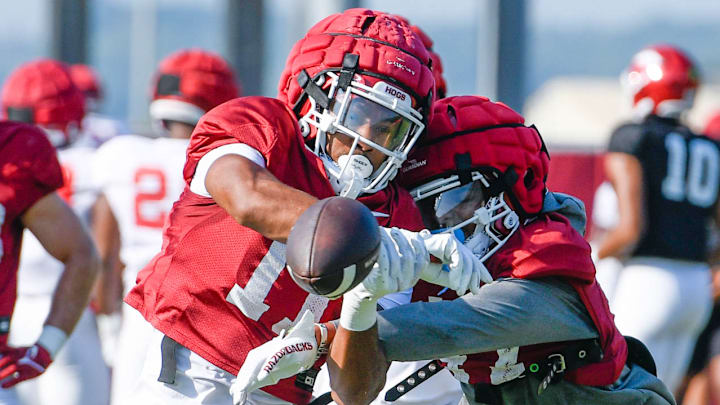 Arkansas Razorbacks defensive back Jaylon Braxton breaks up a pass intended for wide receiver CJ Brown during fall practices on the outdoor fields in Fayetteville, Ark. Arkansas Razorbacks defensive back Jaylon Braxton breaks up a pass intended for wide receiver CJ Brown during fall practices on the outdoor fields in Fayetteville, Ark.