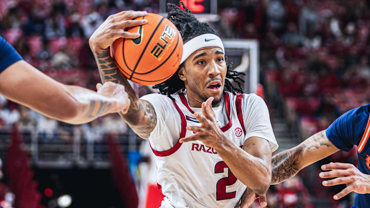 Arkansas Razorbacks point guard Boogie Fland driving the lane against the Texas-San Antonio Roadrunners at Bud Walton Arena in Fayetteville, Ark.