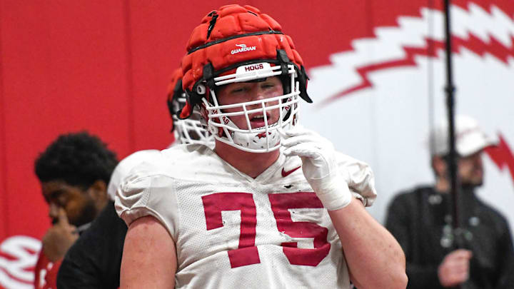 Arkansas Razorbacks Patrick Kutas during spring practice at the indoor field in Fayetteville, Ark.