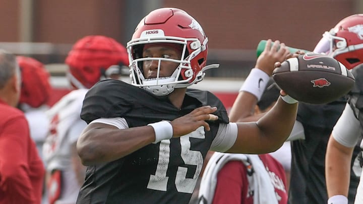 Arkansas Razorbacks backup quarterback KJ Jackson in fall practice skeleton drills on the outdoor practice fields in Fayetteville, Ark.