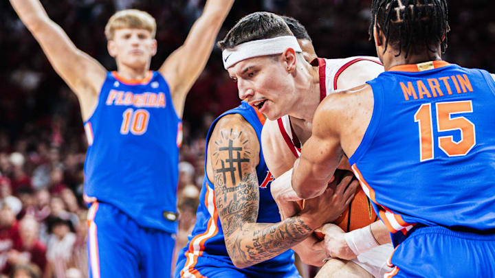 Arkansas Razorbacks forward Zvonimir Ivisic drives against the Florida Gators at Bud Walton Arena in Fayetteville, Ark. Arkansas Razorbacks forward Zvonimir Ivisic drives against the Florida Gators at Bud Walton Arena in Fayetteville, Ark.