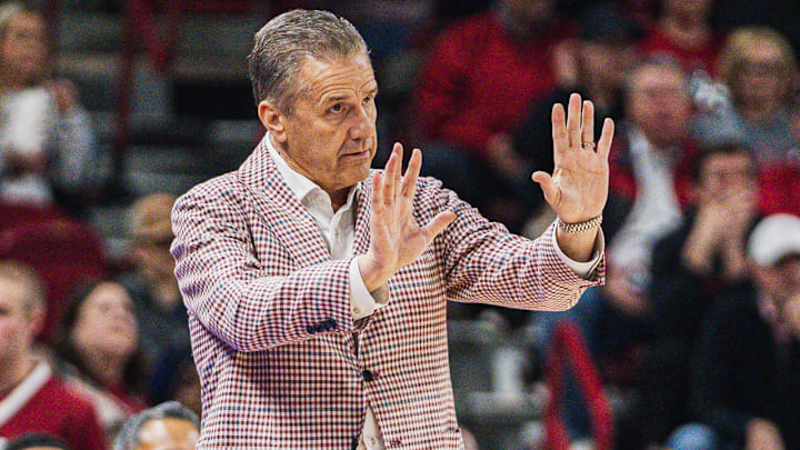 Arkansas Razorbacks coach John Calipari on the sidelines during game with the LSU Tigers at Bud Walton Arena in Fayetteville, Ark.