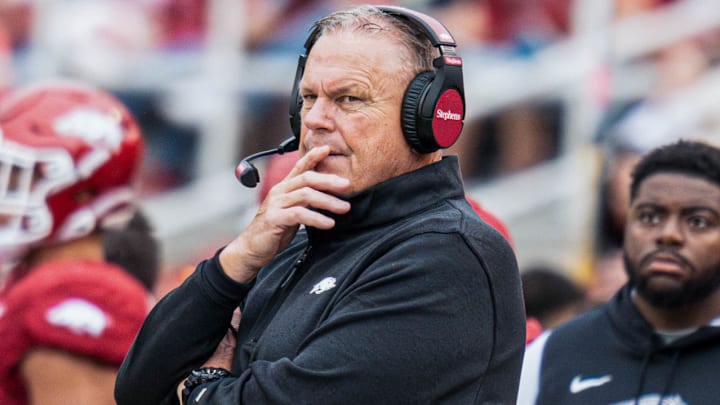 Arkansas Razorbacks coach Sam Pittman on the sidelines in a game against the Ole Miss Reble at Razorback Stadium in Fayetteville, Ark.
