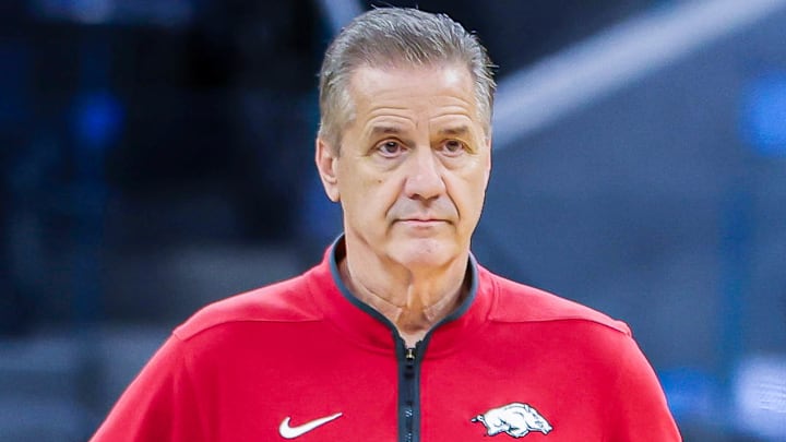 Arkansas Razorbacks coach John Calipari on the floor at the Chase Center in San Francisco during practice for a Sweet 16 NCAA Tournament game against the Texas Tech Red Raiders.