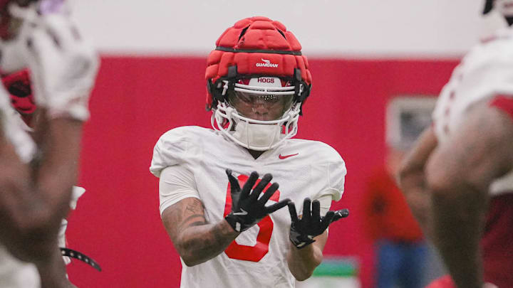 Arkansas Razorbacks wide receiver Raylen Sharpe during spring practice drills indoors to beat the rain in Fayetteville, Ark..