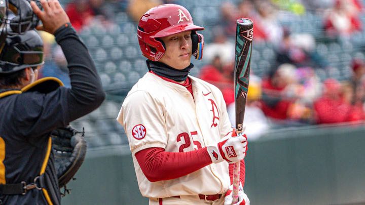 Arkansas Razorbacks shortstop Kuhio Aloy against the Missouri Tigers at Baum-Walker Stadium in Fayetteville, Ark.