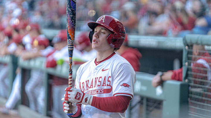 Charles Davalan at the plate against the Arkansas State Red Wolves. Davalan hit his 12th homer of the year to lead the Hogs to a 7-3 win.