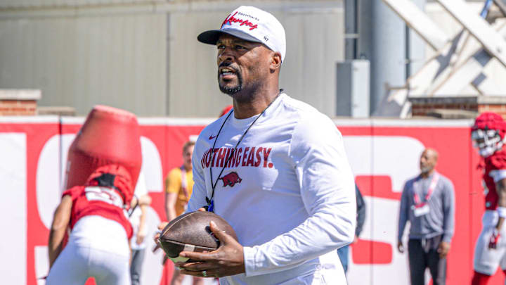Arkansas Razorbacks defensive coordinator Travis Williams during spring practice drills on the outdoor fields in Fayetteville, Ark.