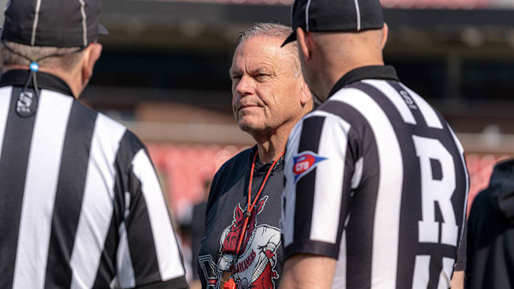 Arkansas Razorbacks coach Sam Pittman at scrimmage inside Razorback Stadium during spring practice.