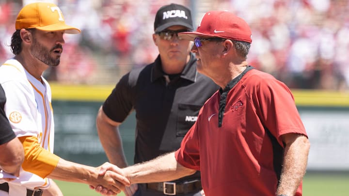 Tennessee Volunteers coach Tony Vitello and Arkansas Razorback coach Dave Van Horn before Sunday's Super Regional at Baum-Walker Stadium.