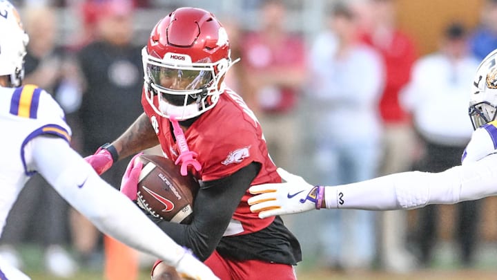 Arkansas Razorbacks wide receiver Jordan Anthony tries to escape from defenders against the LSU Tigers in a game last October at Razorback Stadium in Fayetteville, Ark. Arkansas Razorbacks wide receiver Jordan Anthony tries to escape from defenders against the LSU Tigers in a game last October at Razorback Stadium in Fayetteville, Ark.