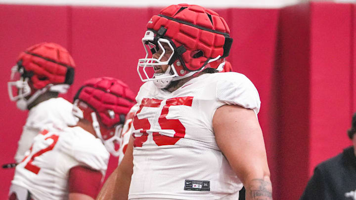 Arkansas Razorbacks offensive lineman Fernando Carmona during spring practice drills in Fayetteville, Ark.