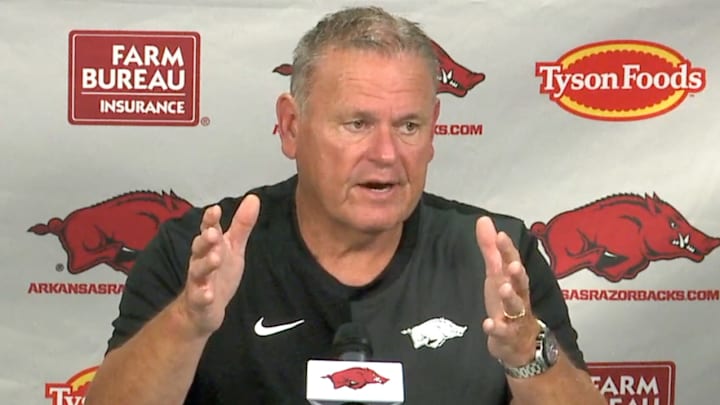 Arkansas Razorbacks coach Sam Pittman with the media before practices start Friday for the 2025 season.