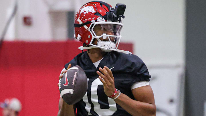 Arkansas Razorbacks quarterback Taylen Green with his VR camera at the team's first practice in Fayetteville, Ark. Arkansas Razorbacks quarterback Taylen Green with his VR camera at the team's first practice in Fayetteville, Ark.