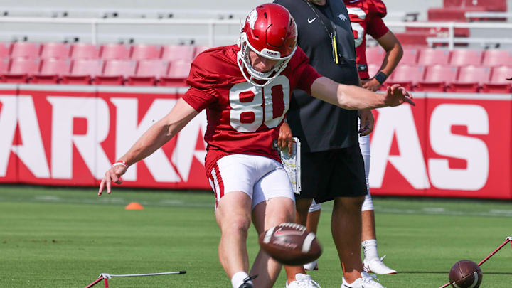 Arkansas Razorbacks freshman kicker Scott Starzyk during special teams practice inside Razorback Stadium in Fayetteville, Ark.