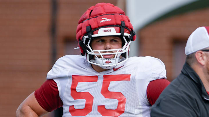 Arkansas Razorbacks offensive lineman Fernando Carmona during drills during preseason practices in Fayetteville, Ark. Arkansas Razorbacks offensive lineman Fernando Carmona during drills during preseason practices in Fayetteville, Ark.