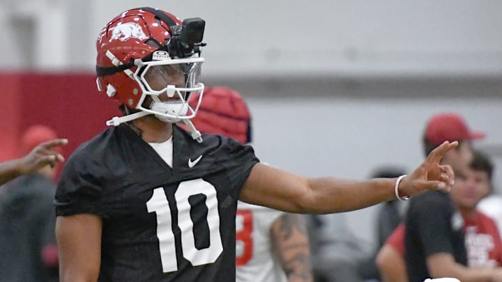 Arkansas Razorbacks quarterback Taylen Green during offensive drills at the indoor center Friday in Fayetteville, Ark.