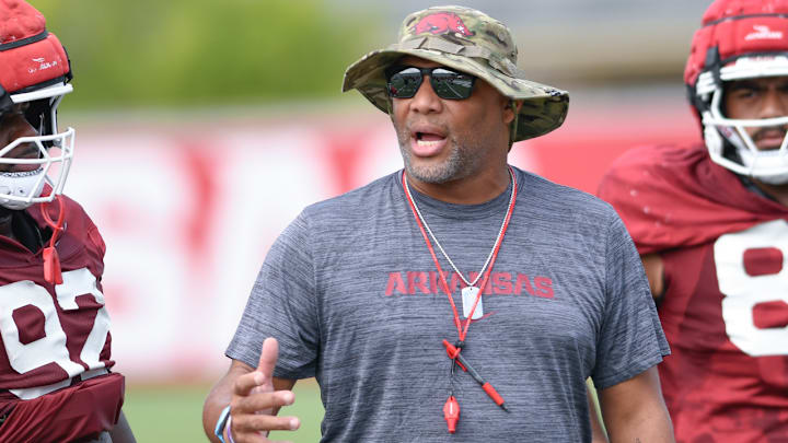 Arkansas Razorbacks defensive line coach Deke Adams during preseason camp practices on the outdoor fields in Fayetteville, Ark.