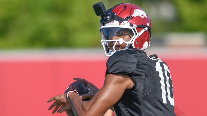 Arkansas Razorbacks quarterback Taylen Green during fall camp practice drills on the outdoor fields in Fayetteville, Ark. Arkansas Razorbacks quarterback Taylen Green during fall camp practice drills on the outdoor fields in Fayetteville, Ark.