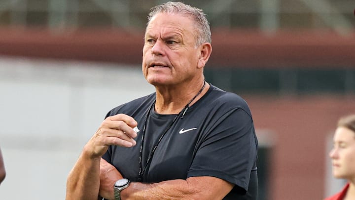 Arkansas Razorbacks coach Sam Pittman during preseason practices on the outdoor fields in Fayetteville, Ark.