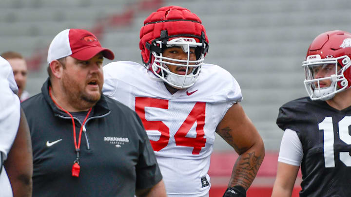 Arkansas Razorbacks defensive lineman Keyshawn Blackstock participates during spring practice at Razorback Stadium prior to his change of position to defensive tackle. Arkansas Razorbacks defensive lineman Keyshawn Blackstock participates during spring practice at Razorback Stadium prior to his change of position to defensive tackle.