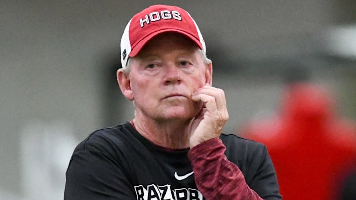 Arkansas Razorbacks offensive coordinator Bobby Petrino during preseason practices at the indoor center in Fayetteville, Ark.