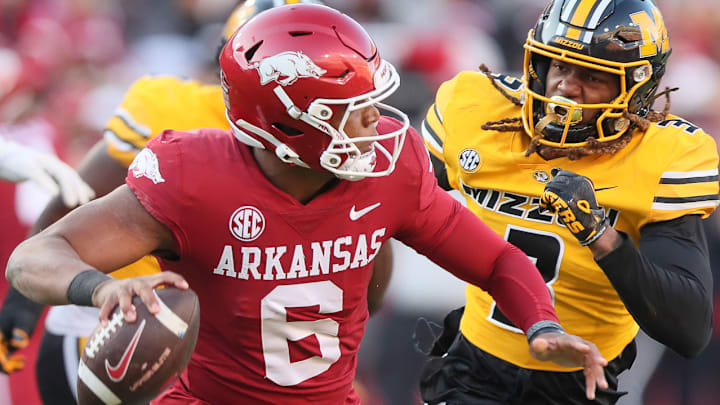 Arkansas Razorbacks quarterback Jacolby Criswell (6) tries to find an open receiver during a blowout loss to Missouri at Razorbacks Stadium in 2023.